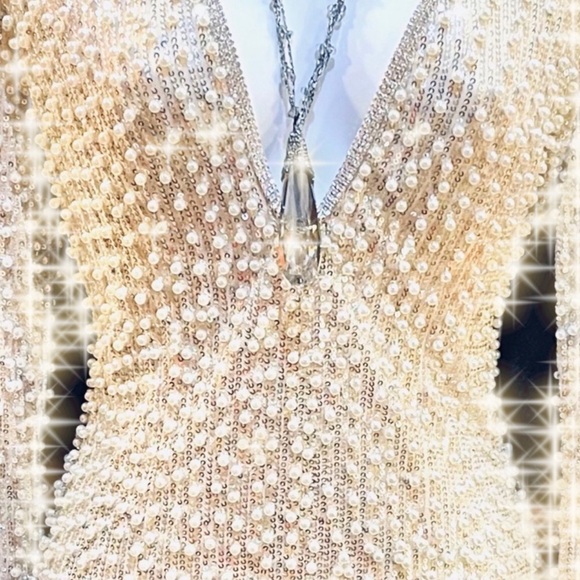 Black Hand Beaded Pearl Embellished Metallic Fringe Long Sleeve Formal Dress - Picture 5 of 8